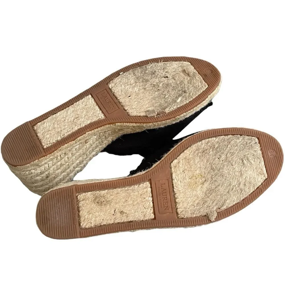 LAUREN RALPH LAUREN Black Linen Carlynda Wedge Espadrilles Sandals 8.5